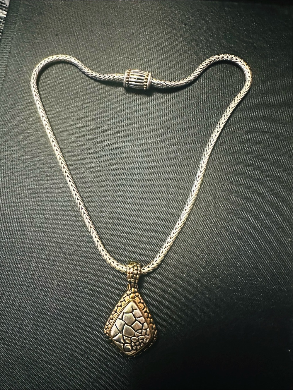 Women's Two-Tone Textured Teardrop Pendant Necklace - Silver & Gold